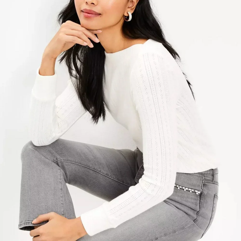 LOFT IVORY POINTELLE BOATNECK TEE - Picture 2 of 4